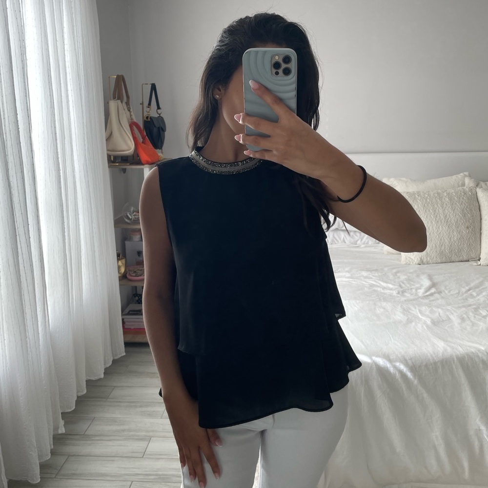 ZARA Black Sleeveless Top w/ Crystal neckline